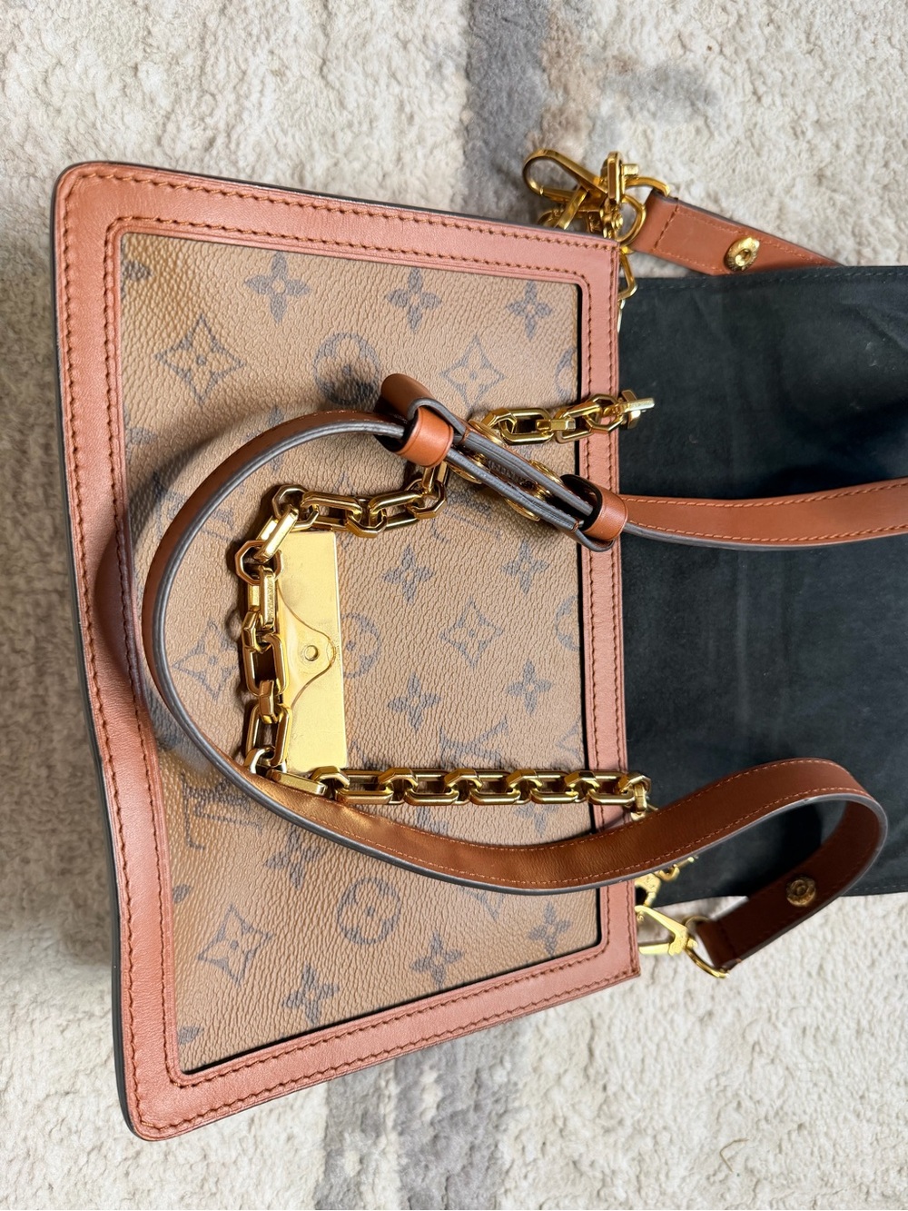 Louis Vuitton Brown Monogram Dauphine Bag with Tan Trim and Gold LV Buckle - Picture 6 of 8